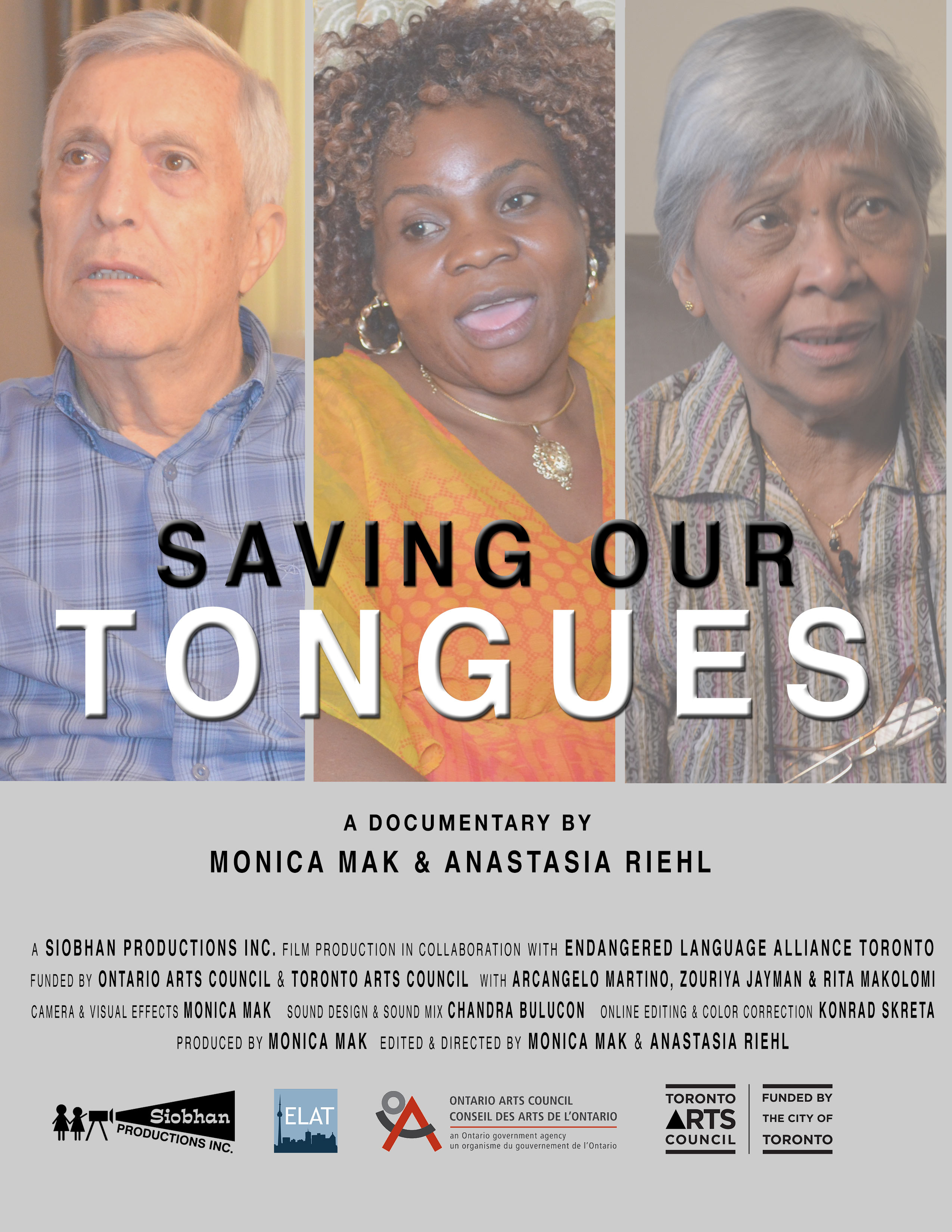 Poster for the documentary film Saving Our Tongues, featuring the photos of the three people interviewed in the film.